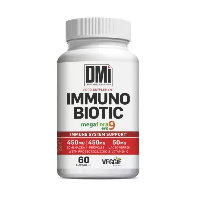 Frasco de suplemento alimentar IMMUNO BIOTIC megaflora evo9 da DMi com 60 cápsulas