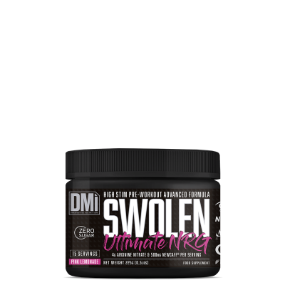 Embalagem preta de suplemento pré-treino Swolen Ultimate NRG da DMi com texto branco e rosa