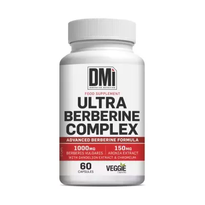 Frasco branco de suplemento alimentar Ultra Berberine Complex da DMi com rótulo vermelho e branco.