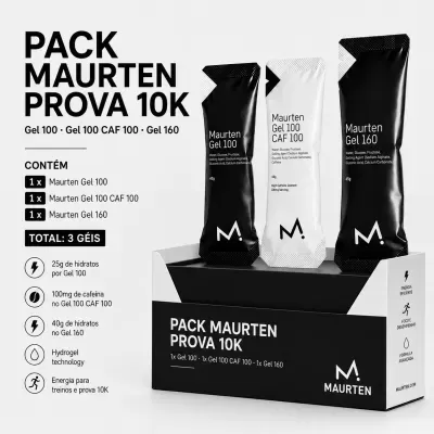 Pack Maurten Prova 10K com três géis energéticos em embalagens tipo saqueta, dois pretos e um branco, com caixa preta e branca.