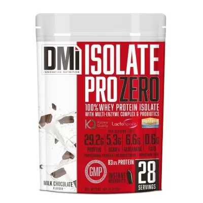 Pacote de suplemento DMi Isolate Pro Zero com sabor a milk chocolate e informações nutricionais visíveis