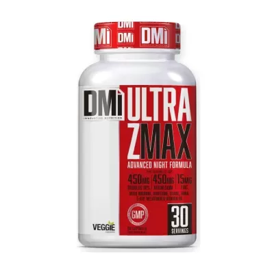 Frasco de suplemento alimentar DMi Ultra Z Max com rótulo vermelho e branco