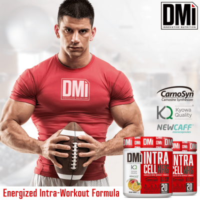 Homem musculado com bola de rugby e frascos de suplemento INTRACELL NRD DMi