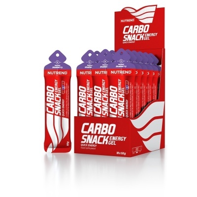 Gel de energia Nutrend Carbo Snack em embalagem vermelha e roxa com caixa expositor.