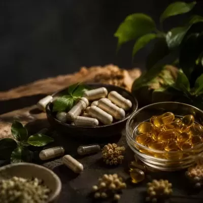 Cápsulas marrons e amarelas com folhas verdes em fundo escuro