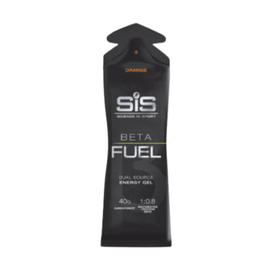 Pacote de gel energético SiS Beta Fuel preto com texto em branco e laranja sabor laranja