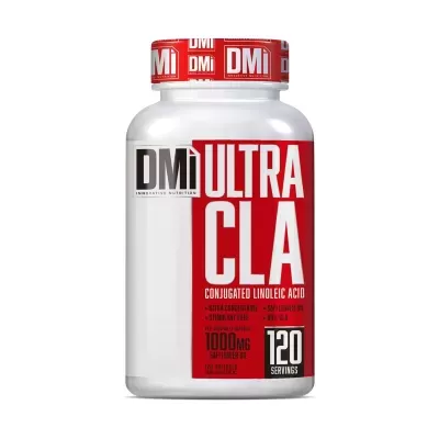 Frasco de suplemento alimentar DMi Ultra CLA em branco e vermelho com texto informativo.