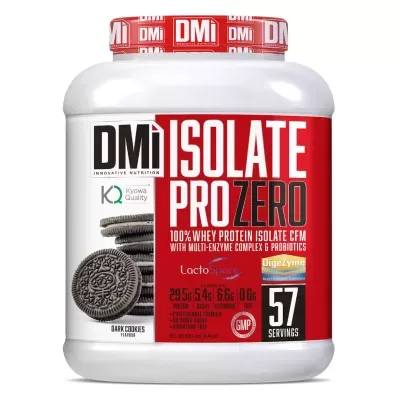 Embalagem branca de suplemento de proteína whey isolada sabor cookies, com rótulo vermelho e branco e texto informativo