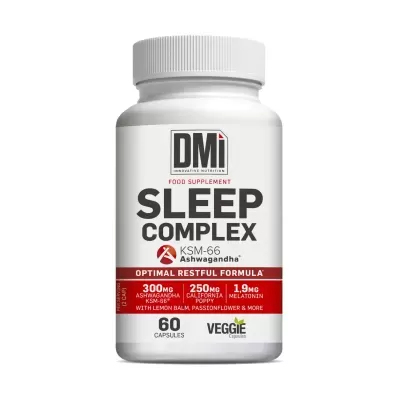 Frasco branco de suplemento Sleep Complex da marca DMi com rótulo detalhado