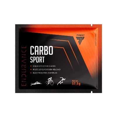 Pacote de suplemento CARBO SPORT preto e laranja com texto e ícones desportivos
