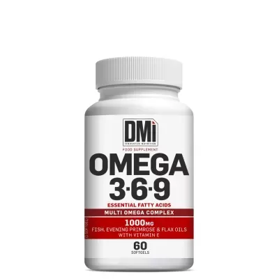 Frasco branco de suplemento alimentar Omega 3-6-9 com etiqueta preta e vermelha