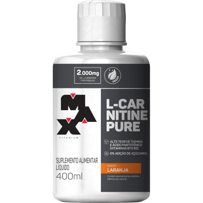 Frasco de suplemento alimentar líquido MAX L-CARNITINE PURE sabor laranja