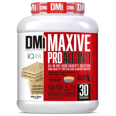 Frasco de suplemento DMI MAXIVE PRO ALL-IN-1 sabor Vanilla Wafer, 30 doses