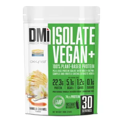 Saco de suplemento DMi Isolate Vegan+ com sabor Vanilla Caramel