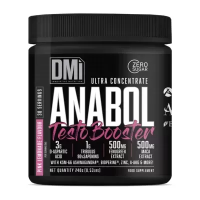 Frasco preto de suplemento anabol Testo Booster com tampa preta e texto branco e rosa