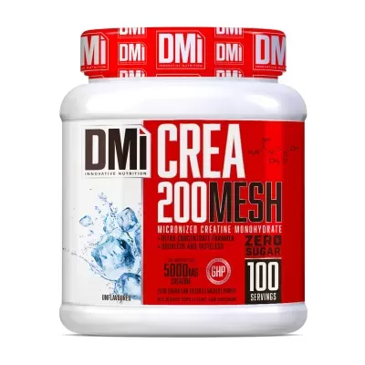 Recipiente branco de suplemento DMi CREA 200 MESH com tampa vermelha e rótulo informativo em vermelho e branco