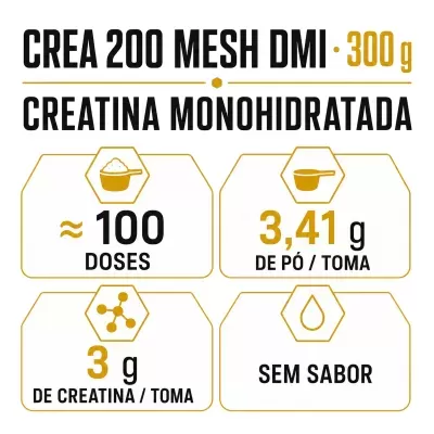 Rótulo informativo de creatina monohidratada com detalhes de dosagem e características do produto