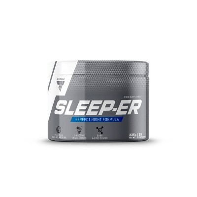 Recipiente cinza escuro de suplemento alimentar SLEEP-ER com texto branco e faixa azul