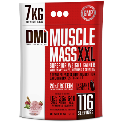 Pacote vermelho e branco de suplemento Muscle Mass XXI 7KG para ganho de peso