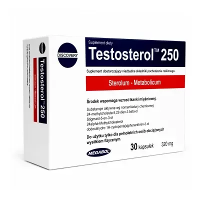 Suplemento Testosterol 250 em embalagem branca com texto azul, vermelho e preto