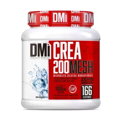 Frasco branco de creatina micronizada DMi CREA 200 MESH com rótulo vermelho e branco