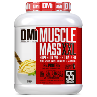 Suplemento DMI Muscle Mass XXL pote branco com rótulo vermelho e branco