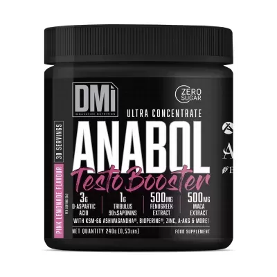 Frasco preto rotulado DMi Anabol Testo Booster sabor Pink Lemonade com detalhes dos ingredientes