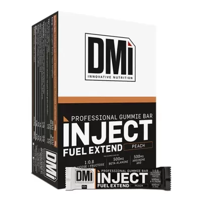 Embalagem e barra suplemento alimentar DMi Inject Fuel Extend sabor pêssego