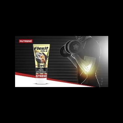 Tubo de gel Flexit Gold da Nutrend junto a homem a levantar halteres