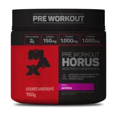 Embalagem preta e vermelha de suplemento pré-treino sabor amora MAX Titanium