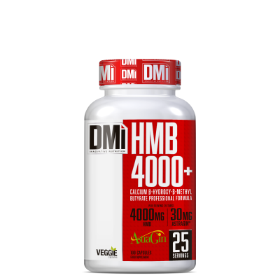 Frasco branco com rótulo vermelho e branco do suplemento DMi HMB 4000+
