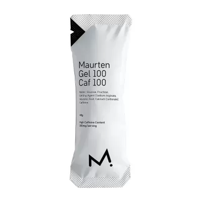 Pacote branco de gel energético Maurten Gel 100 Caf 100 com texto em preto