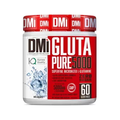 Frasco branco com tampa vermelha do suplemento DMi GLUTA PURE 5000 com rótulo destacando L-Glutamina 5000mg