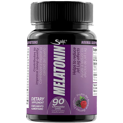 Frasco preto de suplemento Melatonin com etiqueta roxa e texto em inglês e espanhol