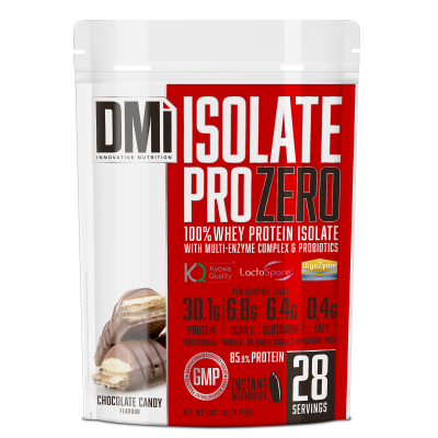 Embalagem branca e vermelha de suplemento DMI ISOLATE PRO ZERO sabor Chocolate Candy