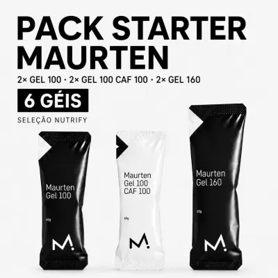 Embalagens de gel energético Maurten com texto informativo de produto