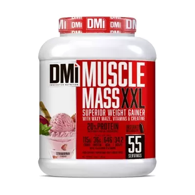 Suplemento Muscle Mass XXL DMi com embalagem branca e vermelha e sabor a morango.