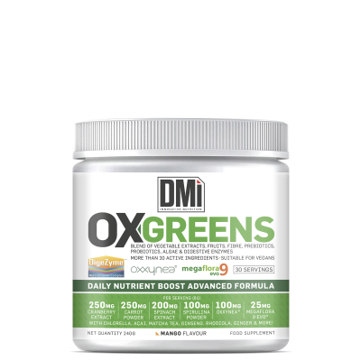 Pote de suplemento alimentar OXGREENS branco com tampa cinza e rótulo verde e cinza