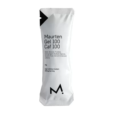 Embalagem branca e preta de gel energético Maurten Gel 100 Caf 100