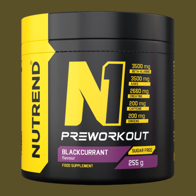 Frasco de suplemento Nutrend N1 Preworkout groselha preta 255 g