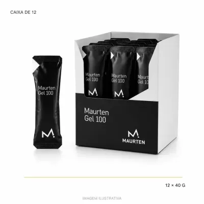 Caixa com 12 saquetas pretas de Maurten Gel 100