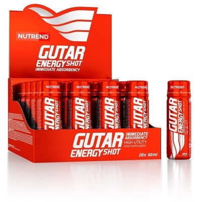 Caixa vermelha com frascos de bebida energética Gutar Energy Shot da Nutrend