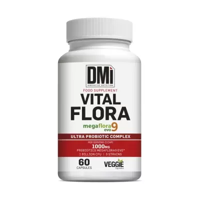 Frasco branco de suplemento alimentar Vital Flora DMi com texto e tampa branca