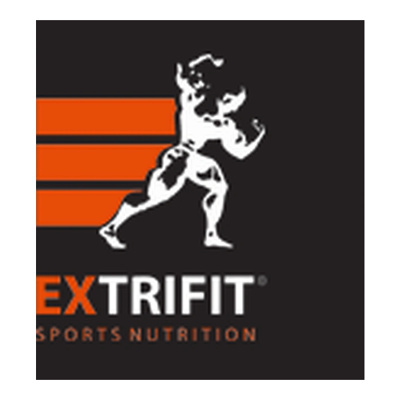 Logótipo EXTRIFIT SPORTS NUTRITION com figura de culturista musculada em branco