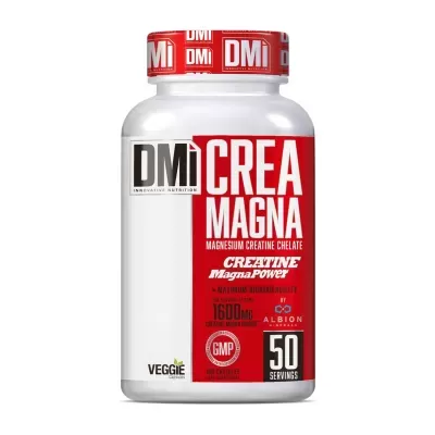 Frasco de suplemento DMi Crea Magna com rótulo vermelho e branco