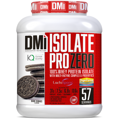 Frasco de suplemento DMi ISOLATE PRO ZERO sabor Dark Cookies, 57 doses, proteína isolada whey.
