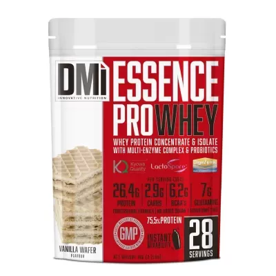 Suplemento proteico ESSENCE PRO WHEY sabor Vanilla Wafer em embalagem branca e vermelha