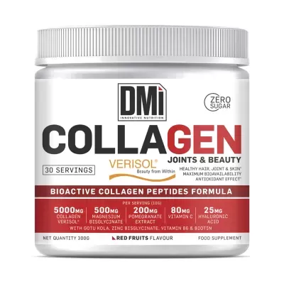 frasco de suplemento alimentar de colagénio DMI com embalagem branca e vermelha