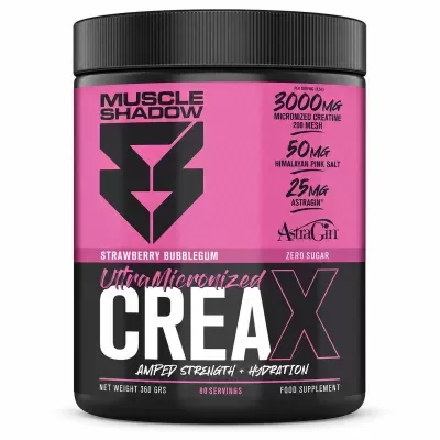 Frasco rosa e preto de suplemento Muscle Shadow CREAX com ingredientes e informações de dosagem