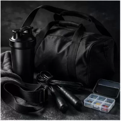 Conjunto de acessórios de ginásio preto com saco, garrafa, corda para saltar e caixa de comprimidos